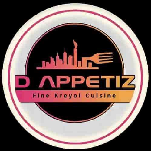 D Appetiz Fine Kreyol Cuisine logo with pink and orange text on a black circular badge