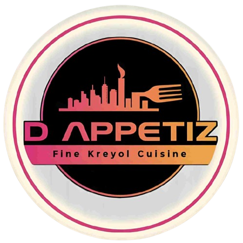 Logo for D Appetiz, featuring a gradient skyline and fork icon above the text 