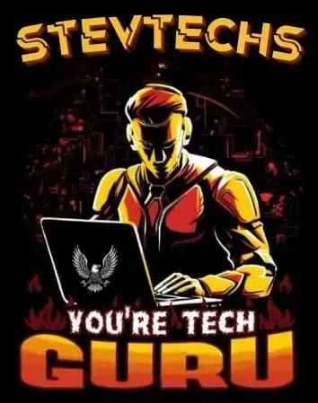 Man illuminated by gold and red light, working on a laptop. Text says