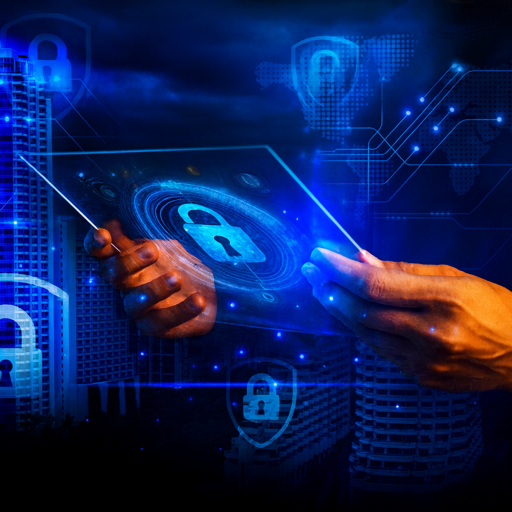 Hands hold a transparent digital tablet displaying a glowing blue padlock icon, set against a dark, tech-themed background.