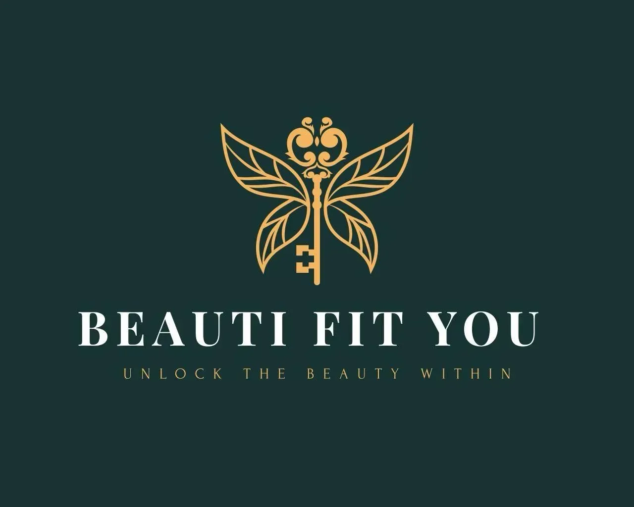 A gold key-butterfly hybrid logo on a dark teal background with the text