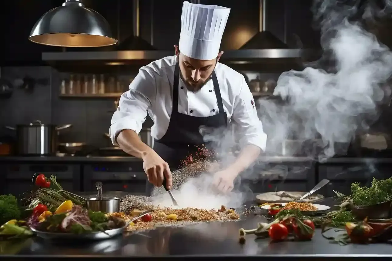 A chef in a professional kitchen uses a tool to prepare a dish on a surface, surrounded by rising steam and fresh herbs.