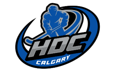 HDC Calgary hockey logo in black, blue, and white with a skater silhouette