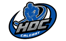HDC Calgary hockey logo in black, blue, and white with a skater silhouette