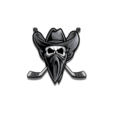 Black and gray pirate skull logo with a cowboy hat, crossed hockey sticks, and dark bandana