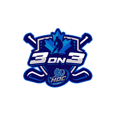 Blue “3 on 3” hockey logo with crossed sticks and a puck, featuring an icy mountain emblem.
