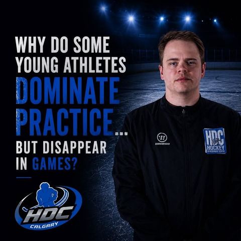 Hockey training graphic with a man on the right and text: “Why do some young athletes dominate practice but disappear in games?”