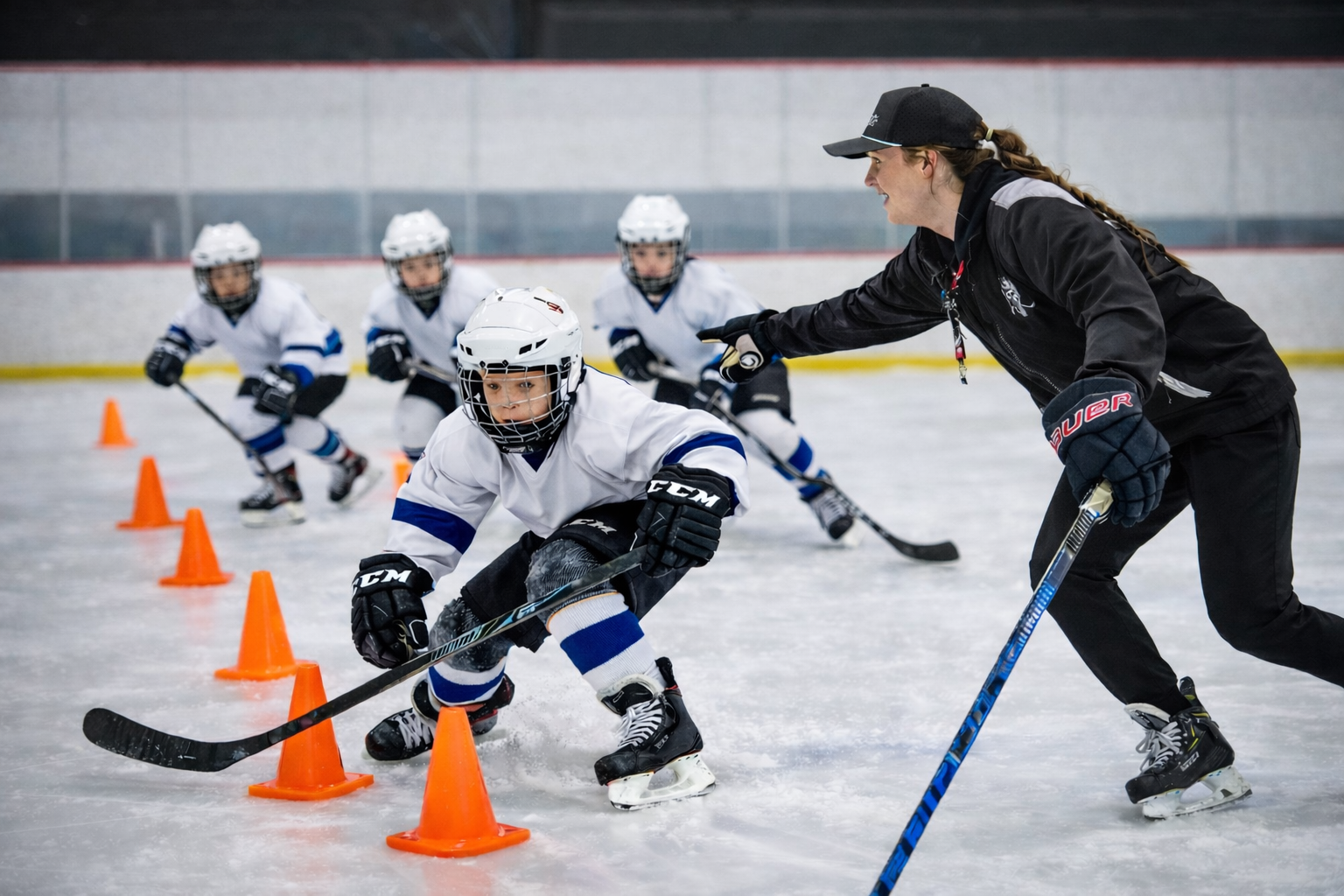 Youth hockey coach guides skaters weaving through orange cones on an indoor ice rink