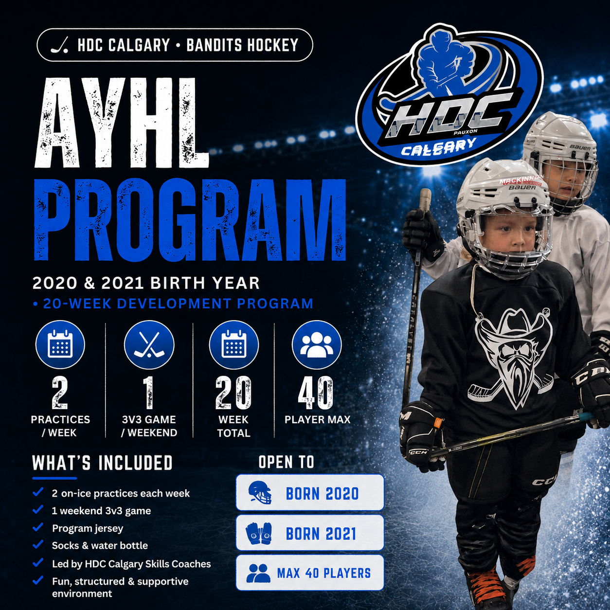 AYH hockey program poster with blue graphics, player photo, and details on practices, games, and fees