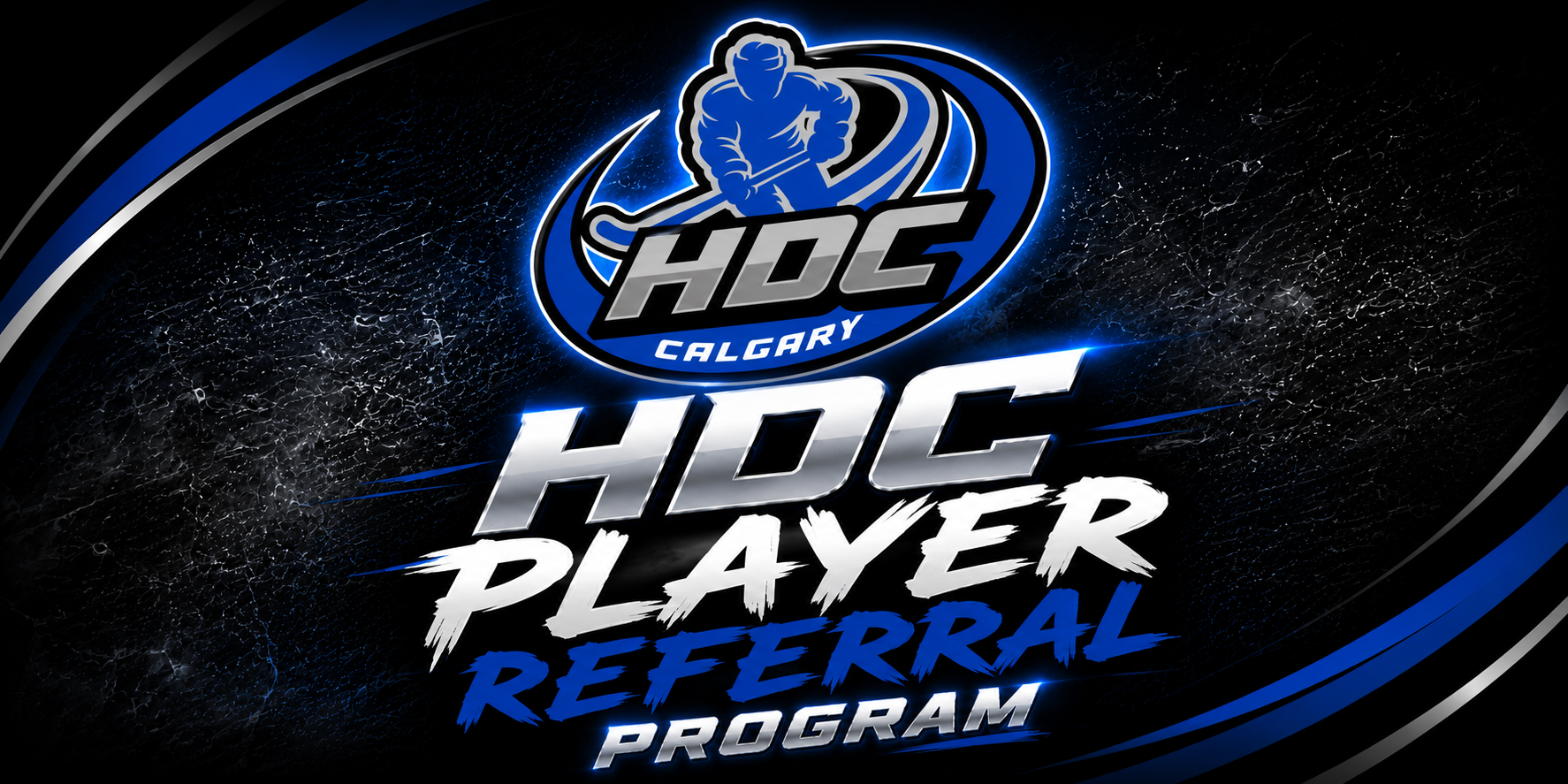 HDC Player Referral Program logo in blue and white on a black background