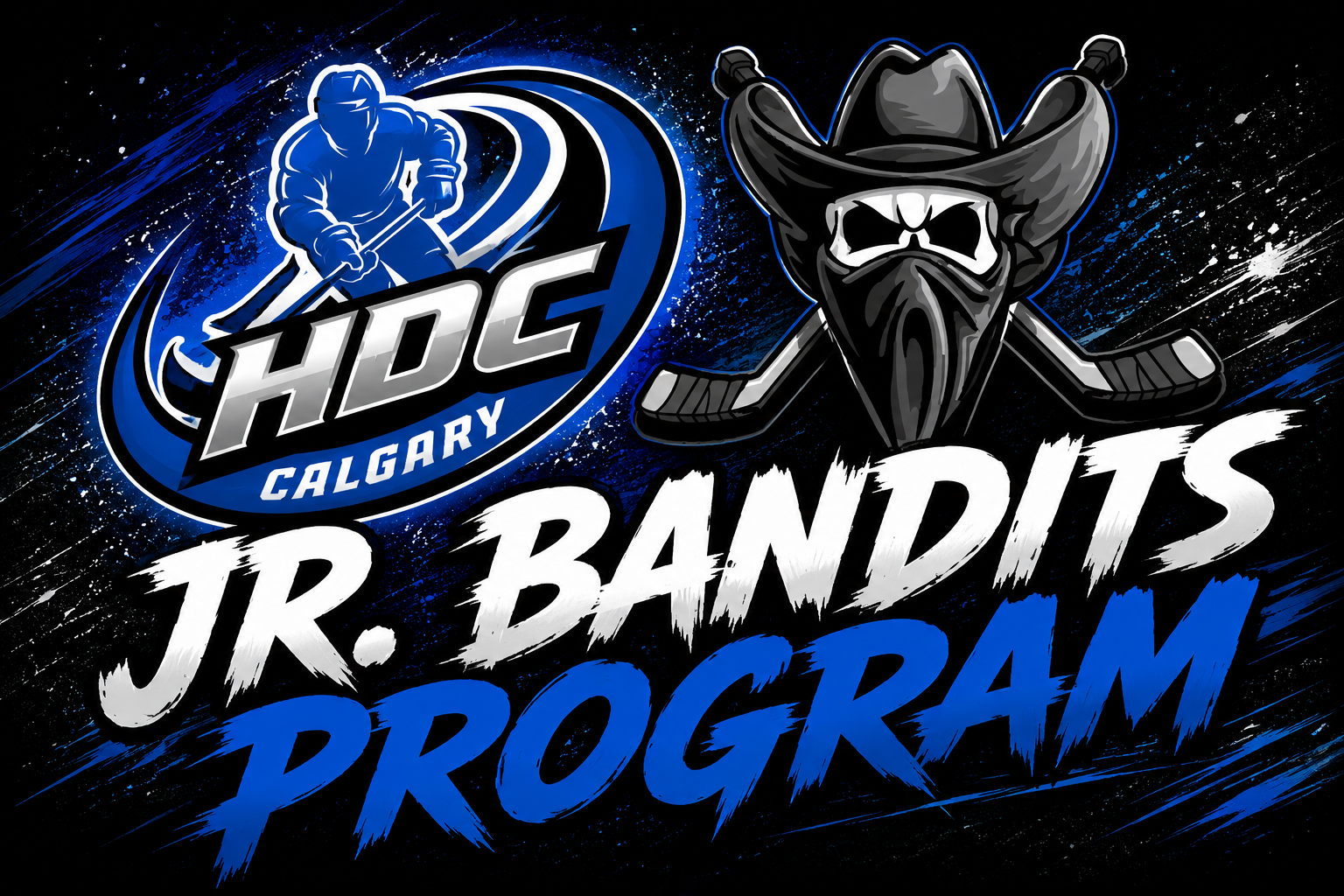 HDC Calgary Jr. Bandits Program logo with blue wildcat emblem and cowboy skull mascot on black background