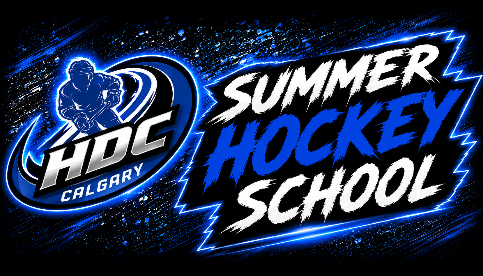 HDC Calgary logo with bold blue and white “Summer Hockey School” text on a black background