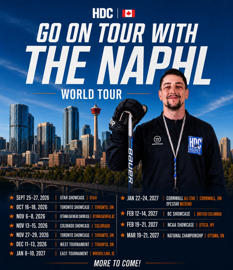 HDC poster for “Go On Tour With The Naphl World Tour,” showing a hockey player in front of a city skyline.
