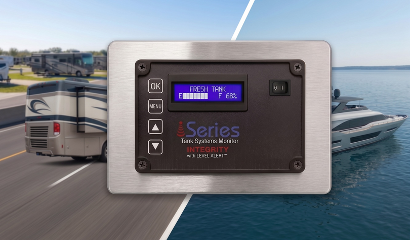 Marine battery charger/control panel with blue display, set against a background of a boat and waterfront.