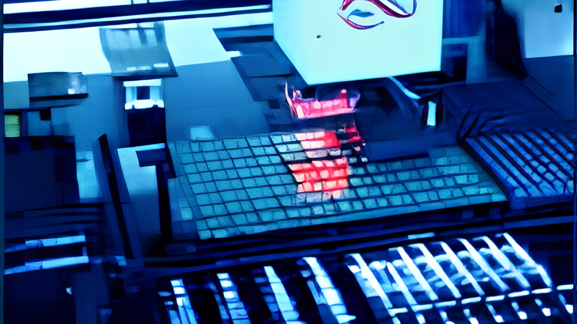 Blue-toned industrial machine with glowing red display over a metal keyboard and conveyor rollers
