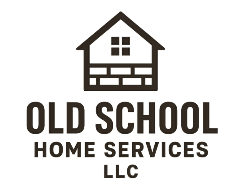 Logo for Old School Home Services LLC with a house icon above the text, in black and white.