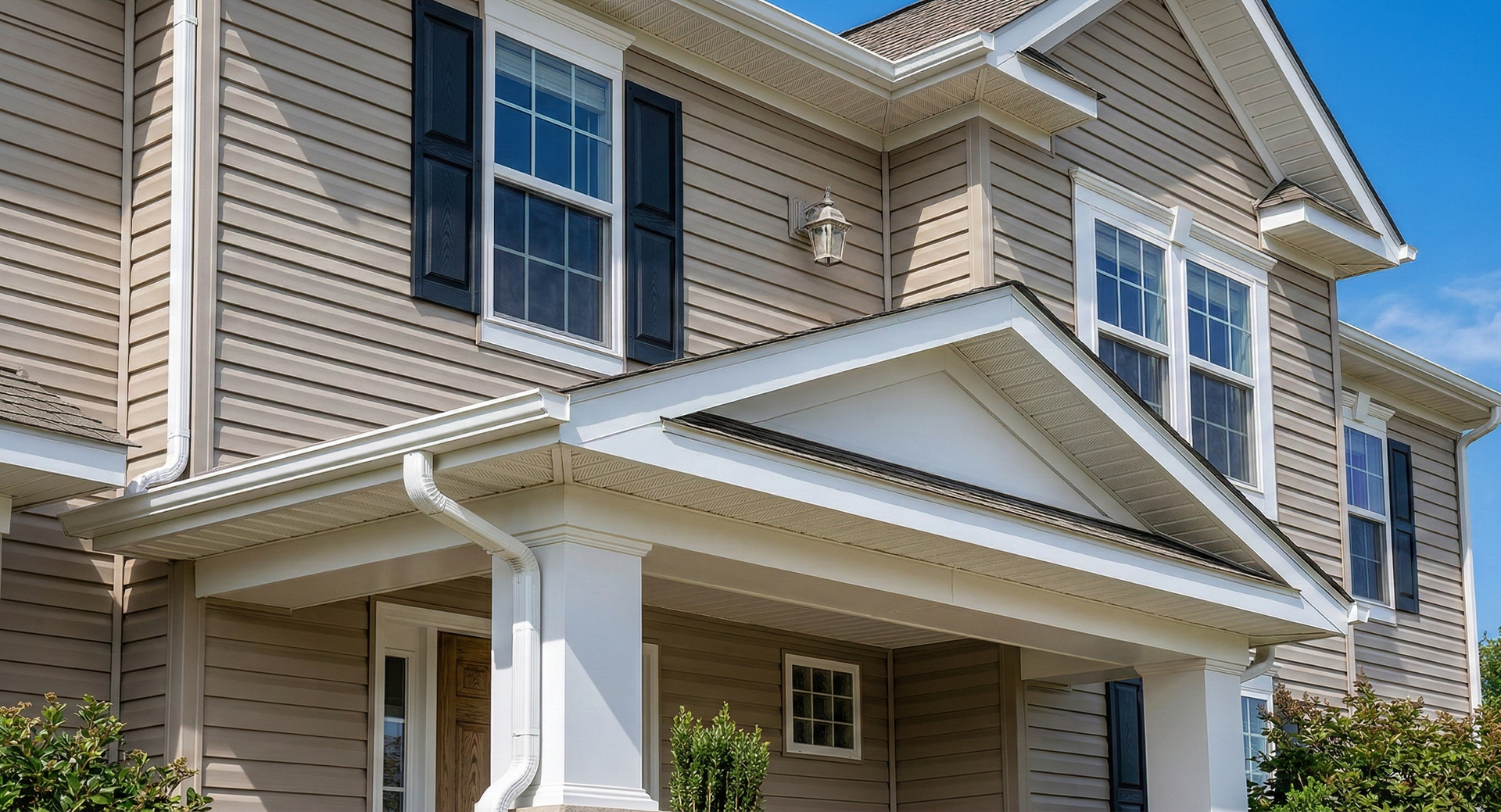 Two-story tan house with white trim, dark shutters, and a front porch entryway under a clear blue sky.
