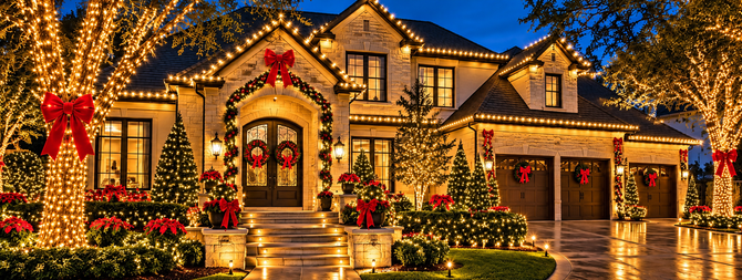 A house decorated with colorful Christmas lights and wreaths at night, with a lit front entrance.