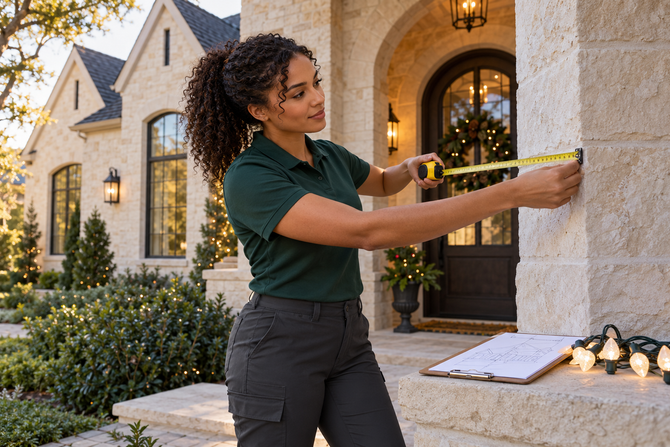 Person measuring exterior stone wall of a house with a tape measure and clipboard nearby