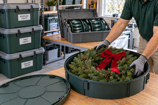 Person arranging a red-bowed holiday wreath in a round green storage case on a worktable