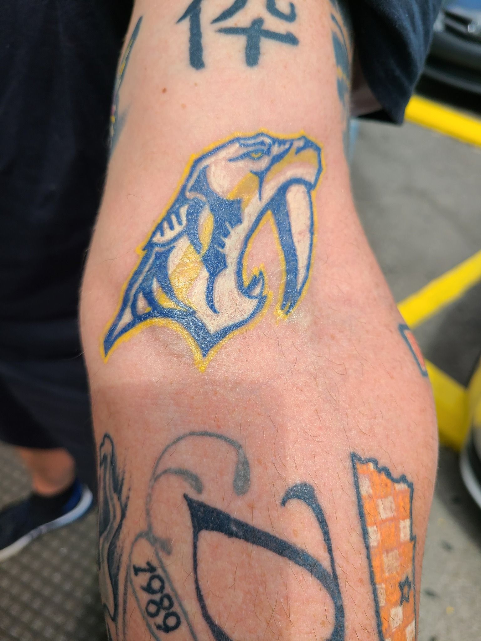 Tattoo of a Nashville Predators hockey team sabertooth logo on a person's arm, blue and gold. Other tattoos are visible.