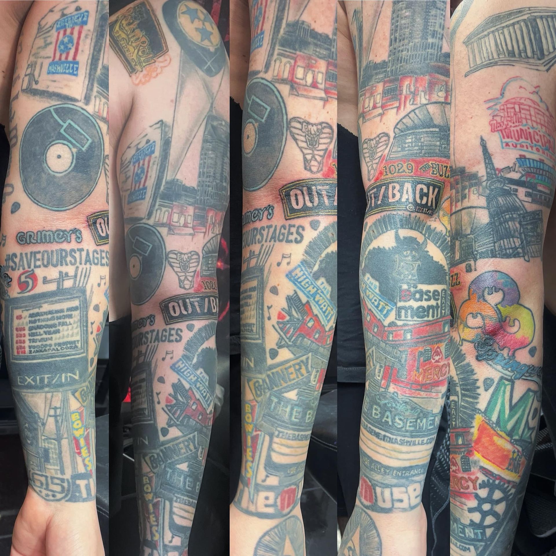 Tattoo sleeve with music and city-themed images. Includes records, buildings, text, and colorful elements.