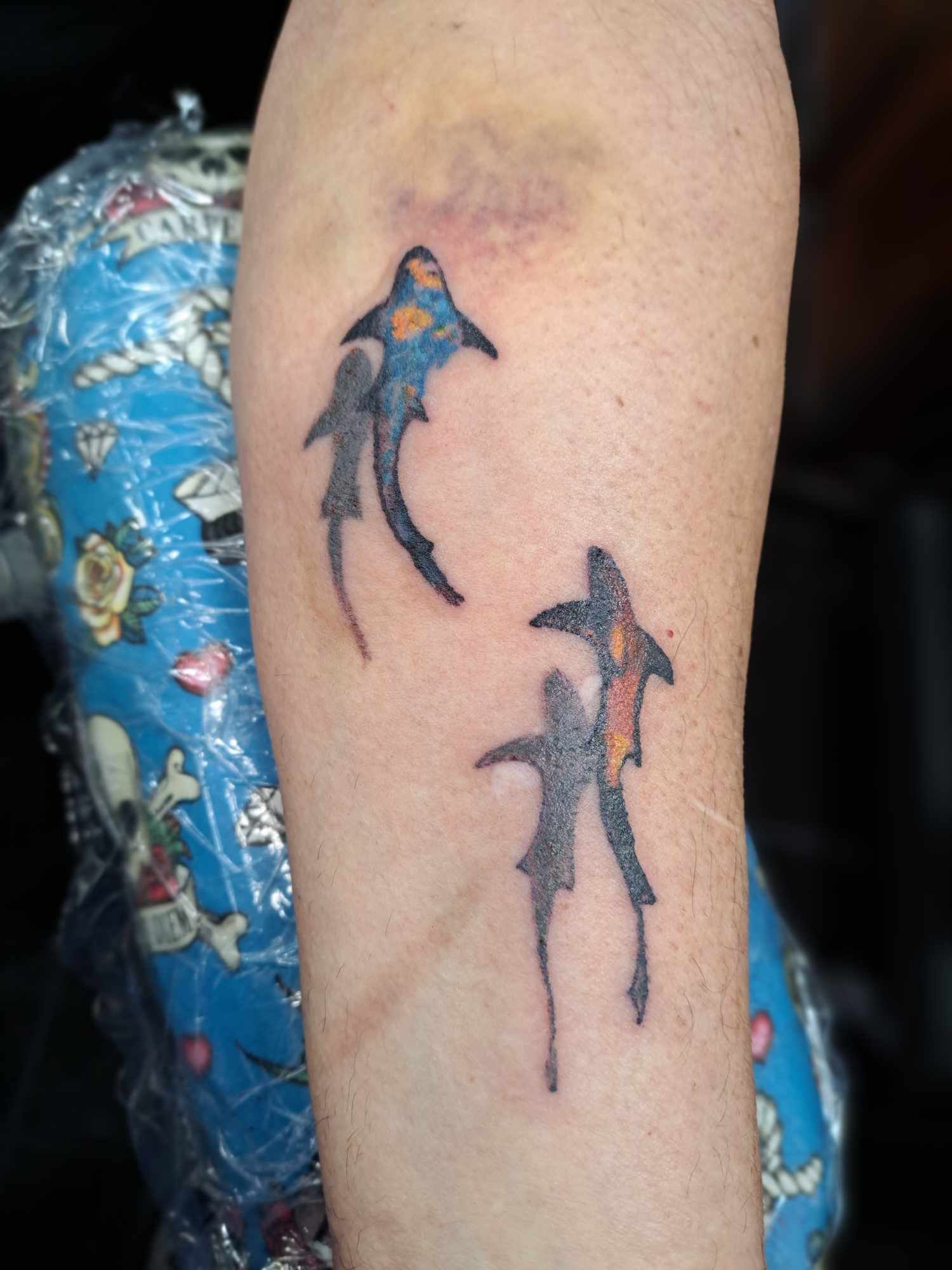 Tattoo of three stylized koi fish in blue, orange, and black on a person's arm.