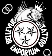Bellevue Tattoo Emporium logo with Tennessee state flag design, black cat, and text.
