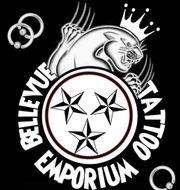 Bellevue Tattoo Emporium logo with Tennessee state flag design, black cat, and text.