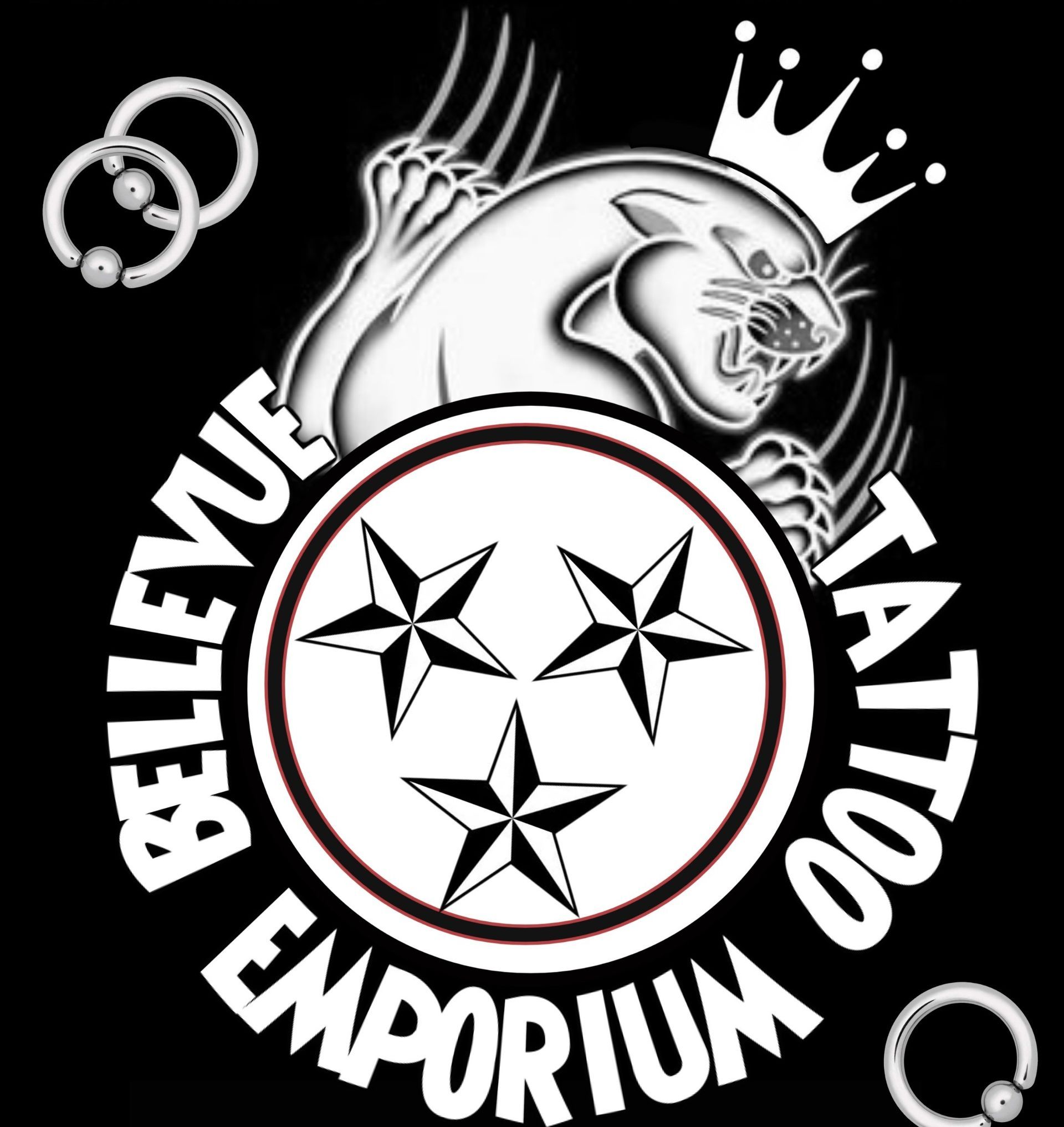 Bellevue Tattoo Emporium logo with Tennessee state flag design, black cat, and text.