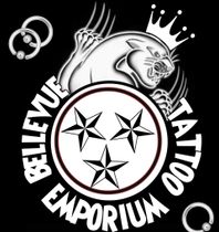 Bellevue Tattoo Emporium logo with Tennessee state flag design, black cat, and text.