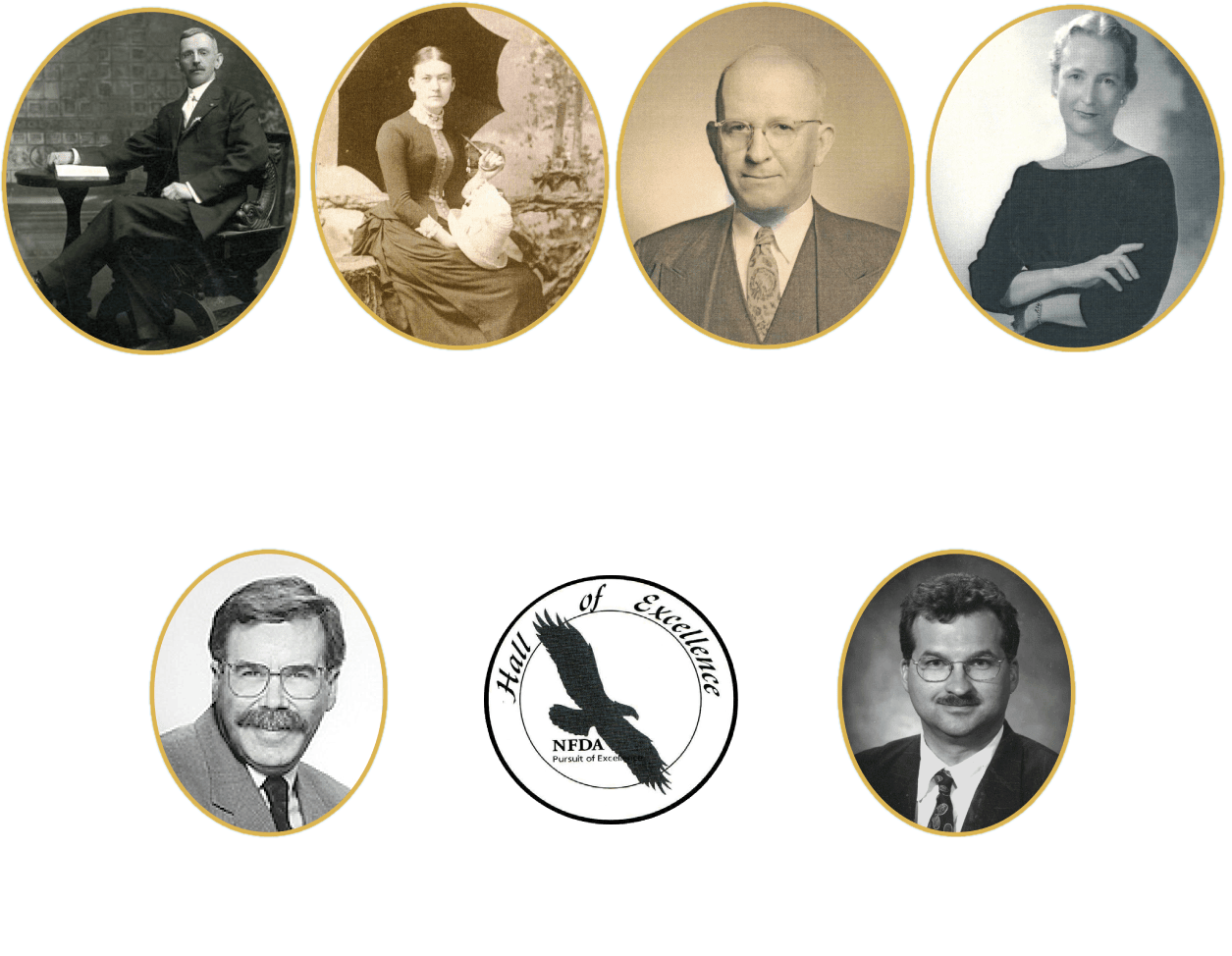 Seven portrait medallions and a center bird logo arranged on a white background