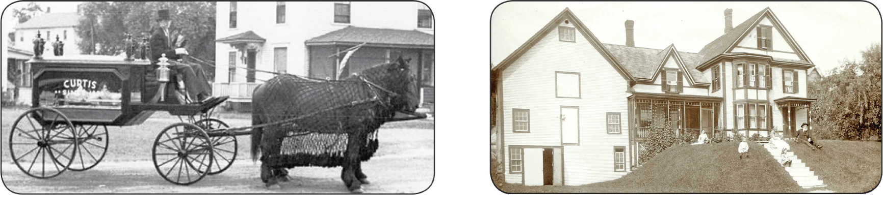 Two sepia photos: a horse-drawn carriage on a street and a Victorian house with a porch and tower
