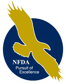 NEDA logo: gold eagle over blue circle with “Pursuit of Excellence” text