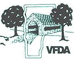 Black-and-white VFDA logo with trees and a house outline inside a map-shaped frame