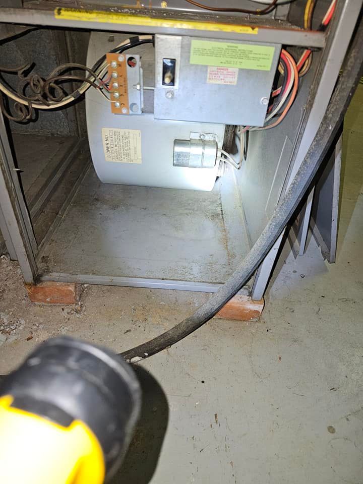 Furnace blower compartment with wiring and motor exposed during an inspection.
