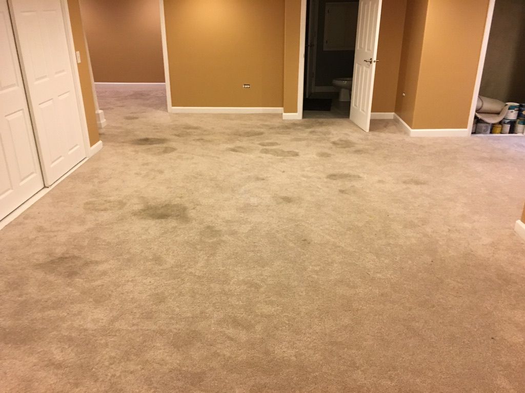Heavily soiled basement carpet before professional carpet cleaning service