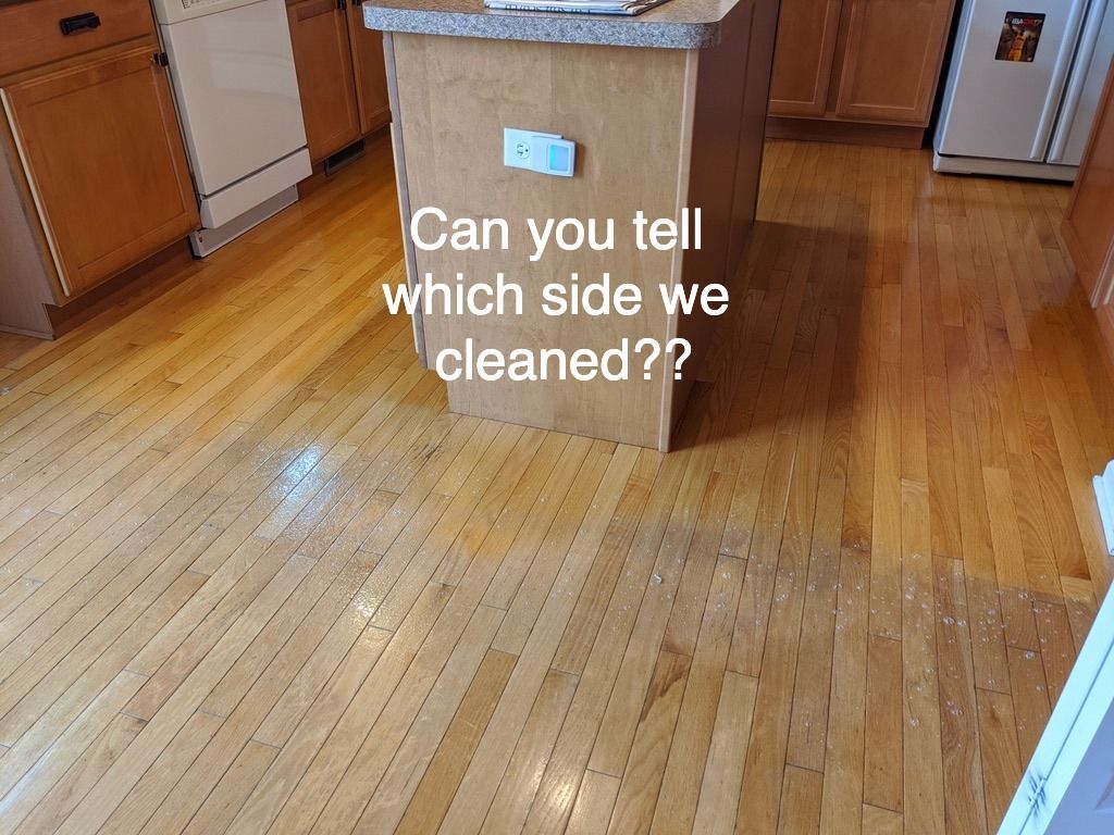 Before and after hardwood floor cleaning in kitchen showing clear difference after professional floor care service