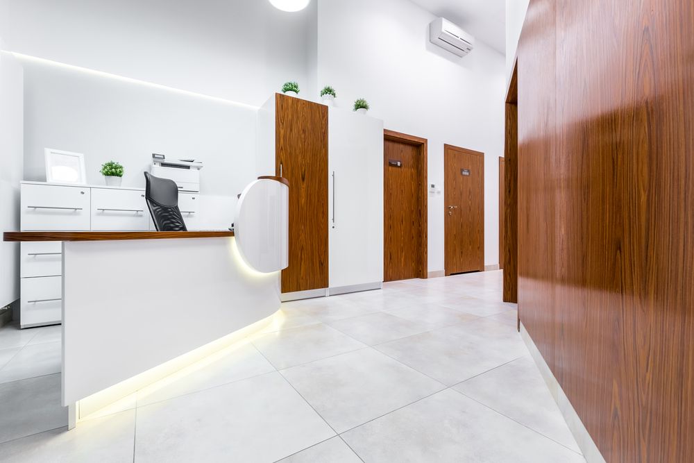 Clean commercial office lobby with tile flooring after professional tile and grout cleaning service