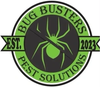 Bug Busters Pest Solutions logo with green spider and EST. 2023 on black and green emblem