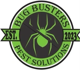 Bug Busters Pest Solutions logo with green spider and EST. 2023 on black and green emblem