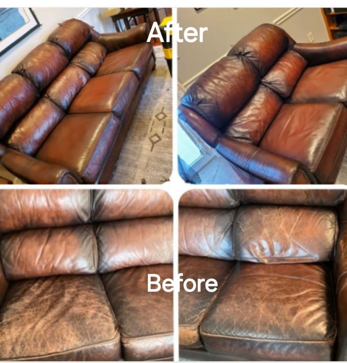 A before and after picture of a brown leather couch