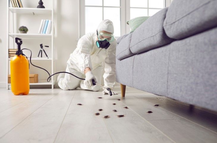 Pest control worker in protective gear spraying bugs beside a sofa in a living room