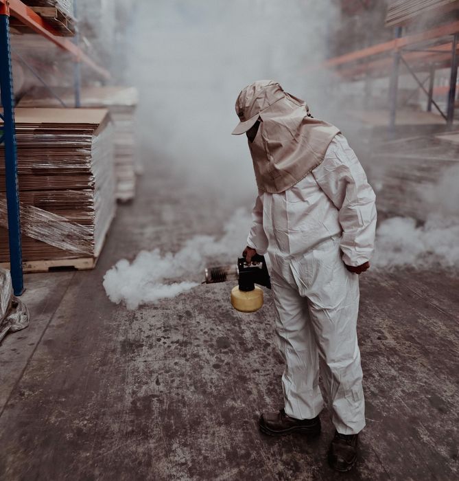 Worker in white protective suit spraying disinfectant in a warehouse aisle amid fog.