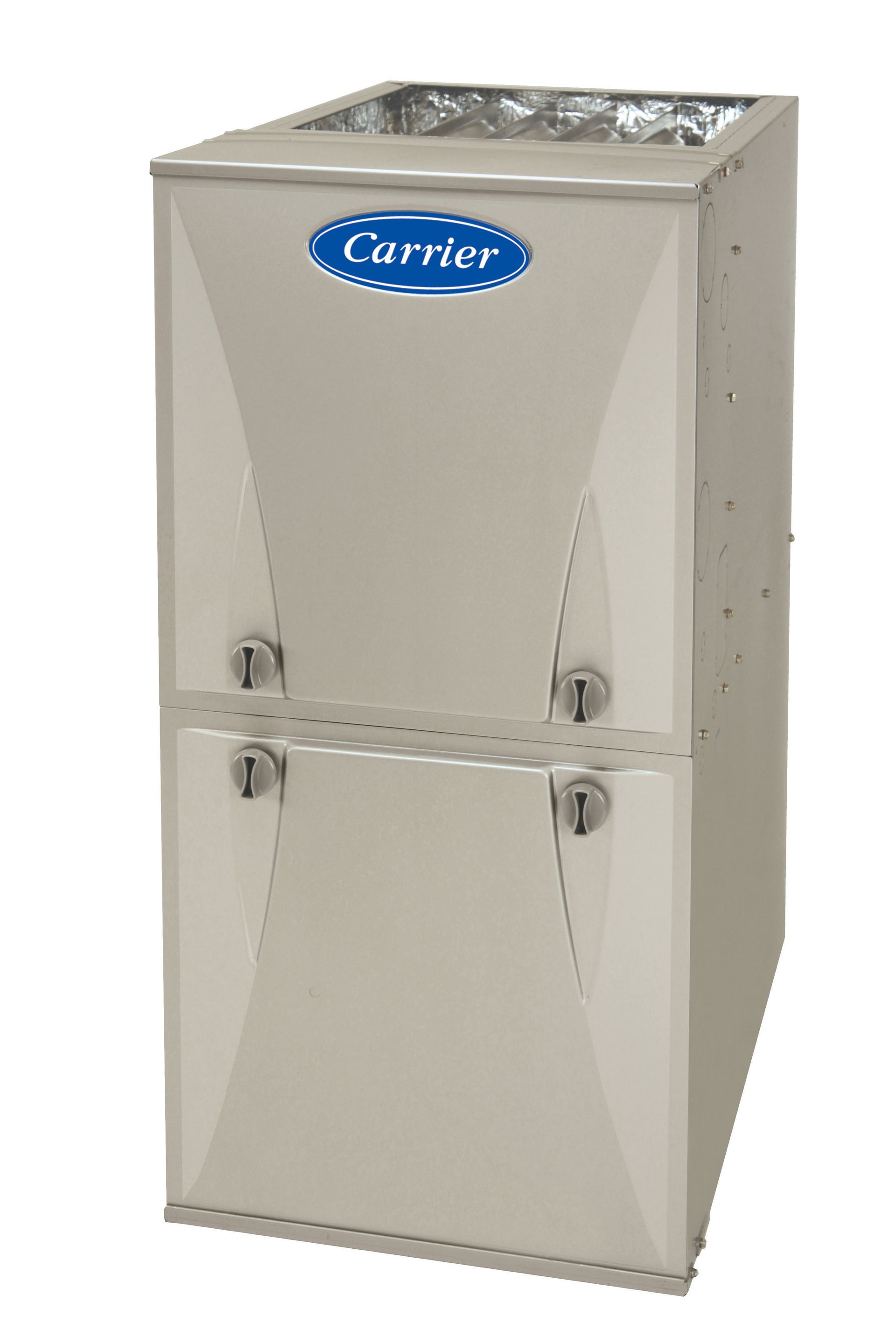 Beige Carrier furnace unit with two front access panels and top vent opening