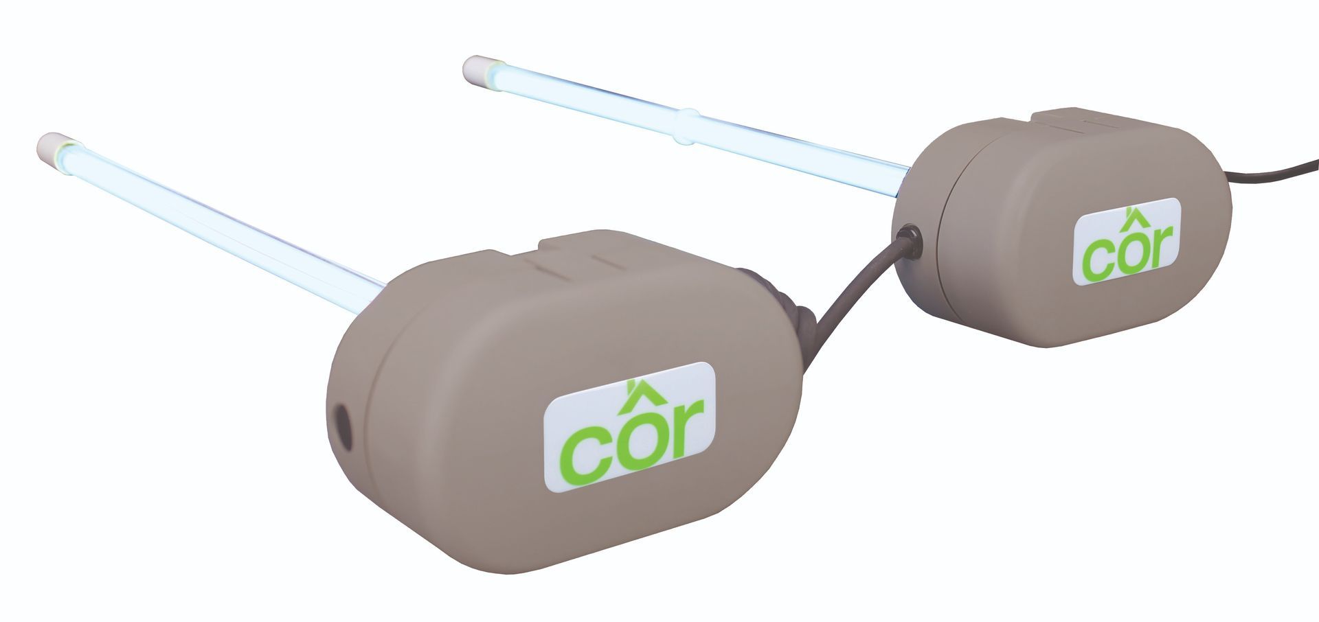 Two brown ear-plug-like devices with white sticks and green “COR” logos on a white background