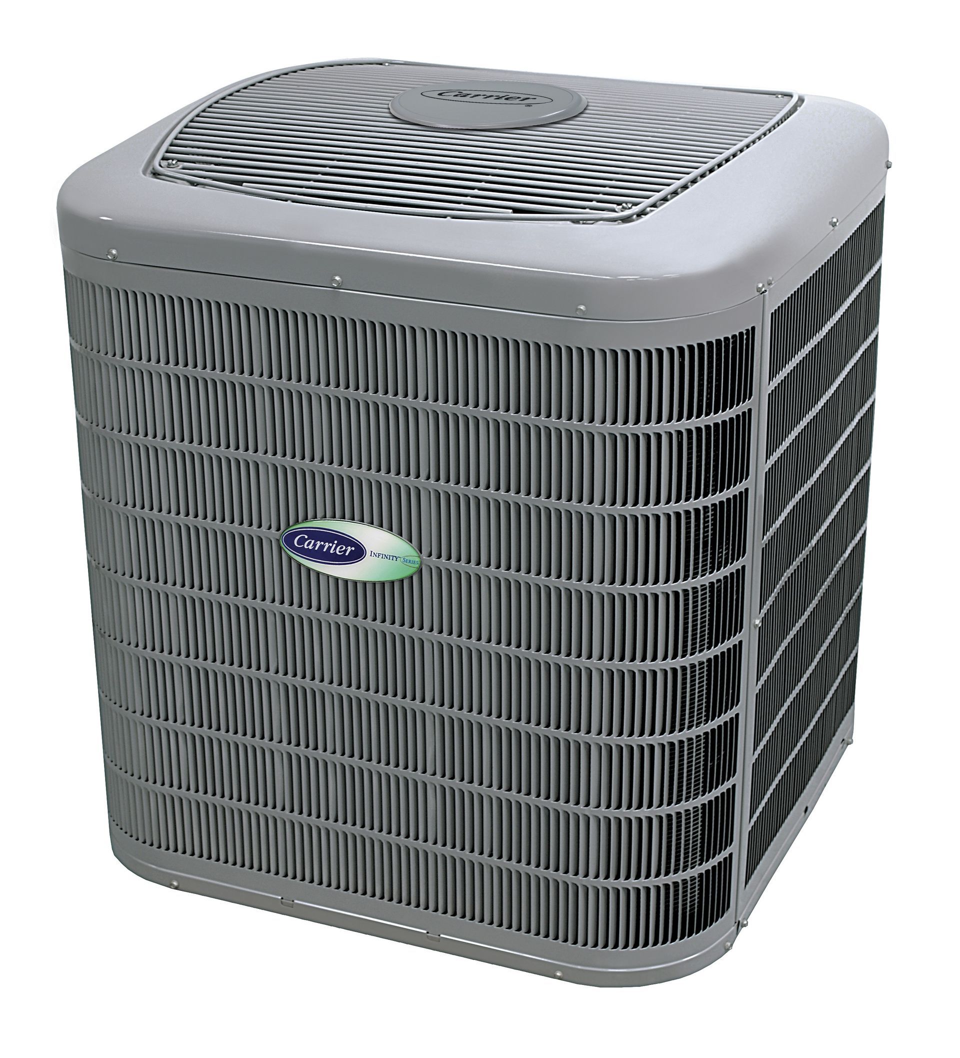Gray outdoor air conditioner condenser unit with a fan grille on top