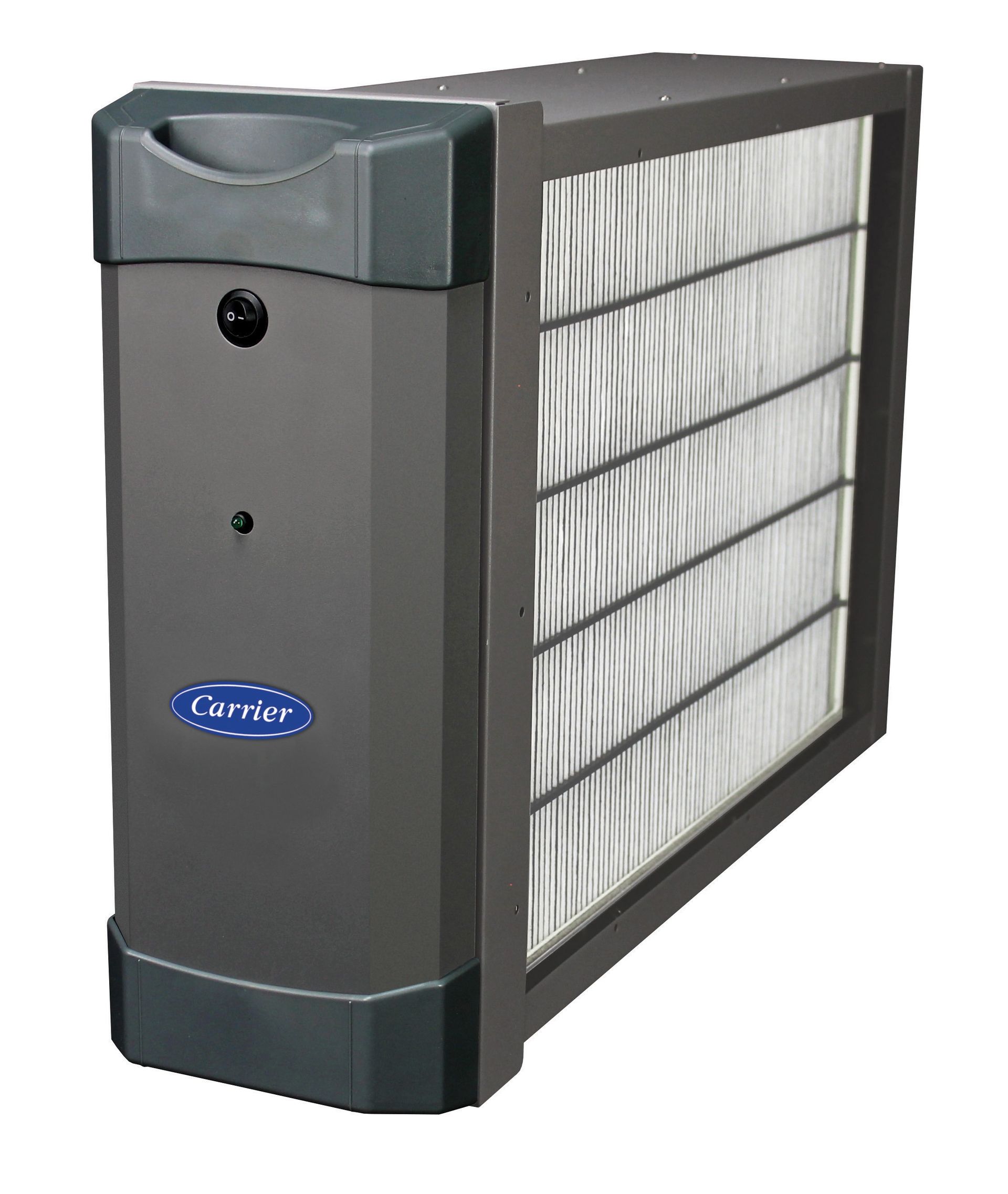 Gray and black rectangular HVAC air filter with pleated white side panel and blue logo