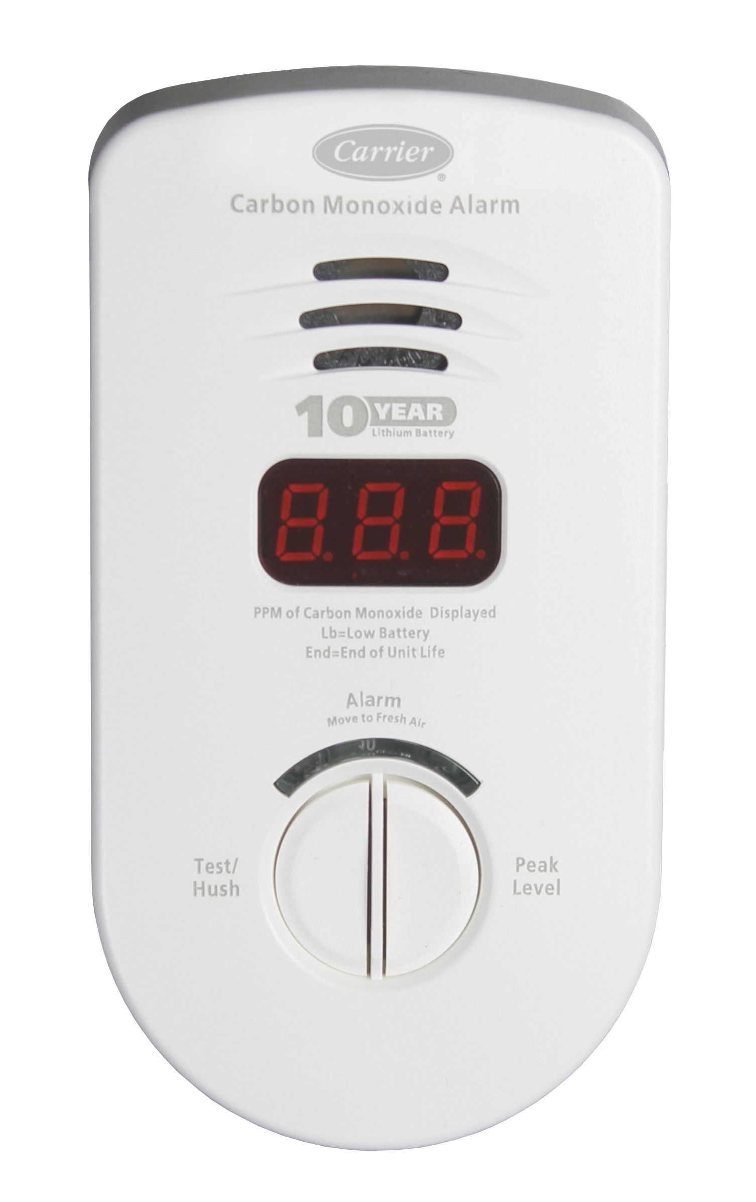 White digital carbon monoxide alarm with red LED display and test button