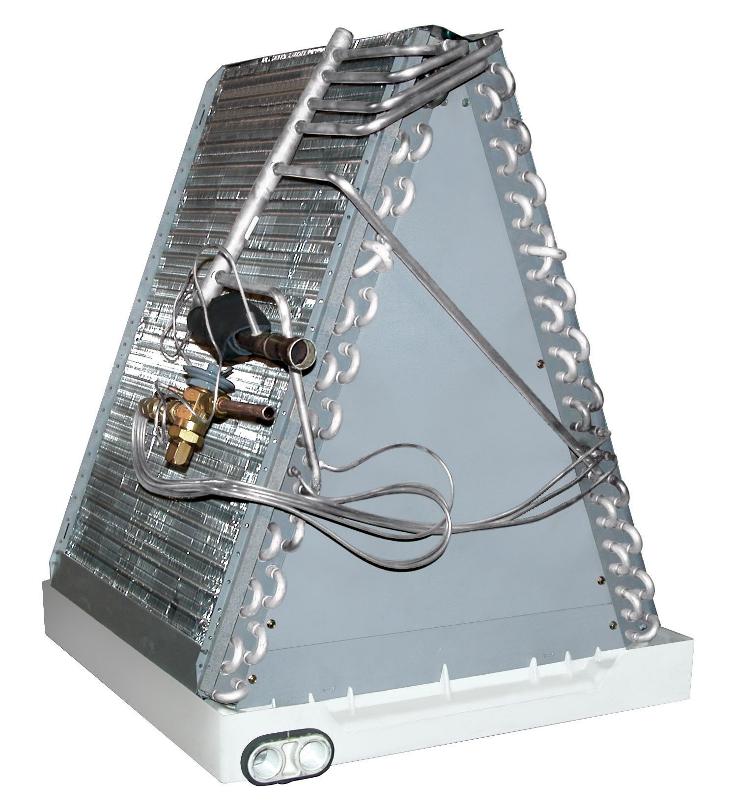 Metal industrial component with a triangular frame, wiring, and a small valve-like part on a white base